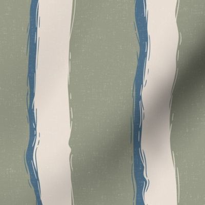 Coastal Chic rustic wavy stripes - white Coffee, Admiral Blue on lichen green - large