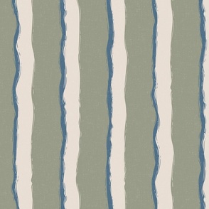 Coastal Chic rustic wavy stripes - white Coffee, Admiral Blue on lichen green - large