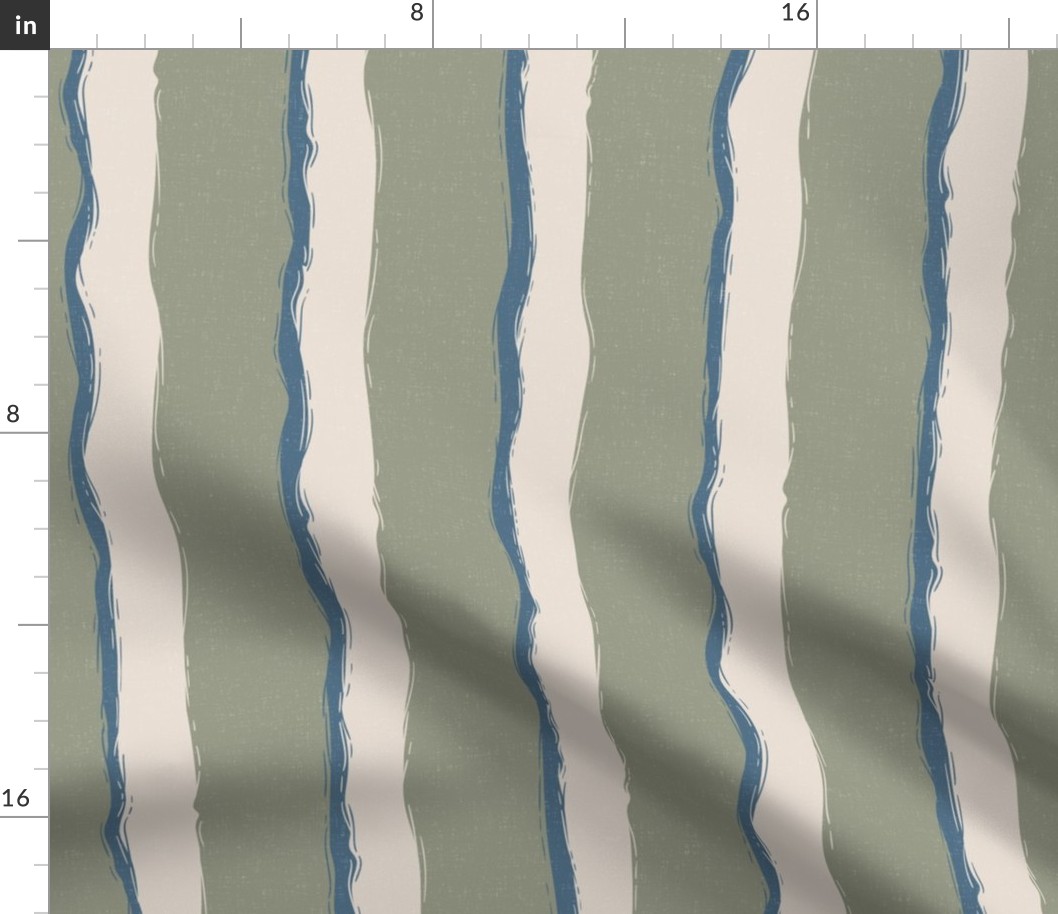 Coastal Chic rustic wavy stripes - white Coffee, Admiral Blue on lichen green - large