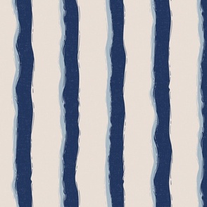 Coastal Chic rustic wavy stripes - classic navy, blue grey on White Coffee - large