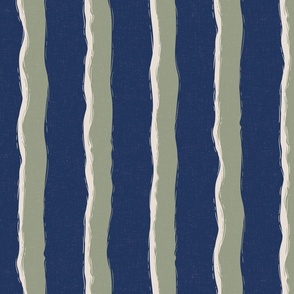 Coastal Chic rustic wavy stripes - lichen, white coffee on classic navy - large