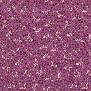 Dark polka dot pattern with cute butterflies flying around - small repeat  