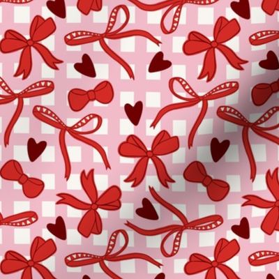 Valentine's Day Bows and Hearts Gingham Medium Red Pink Burgundy Cute Fabric