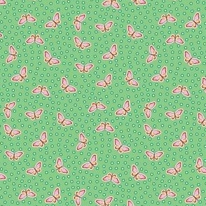 Girly and dainty butterflies on soft green polka dot background - small print 
