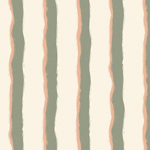 Coastal Chic rustic wavy stripes - lichen green, pastel salmon on Ivory - large