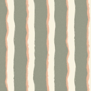 Coastal Chic rustic wavy stripes - Ivory, Pastel Salmon on lichen - large 