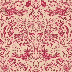 Woodland Starlings Damask | Viva Magenta Burgundy and Tan Cream | Coquette, Bows and Ribbons, Historical Birds, Gothic Revival, Medieval, Fluer-de-lis, French, Magic Stars
