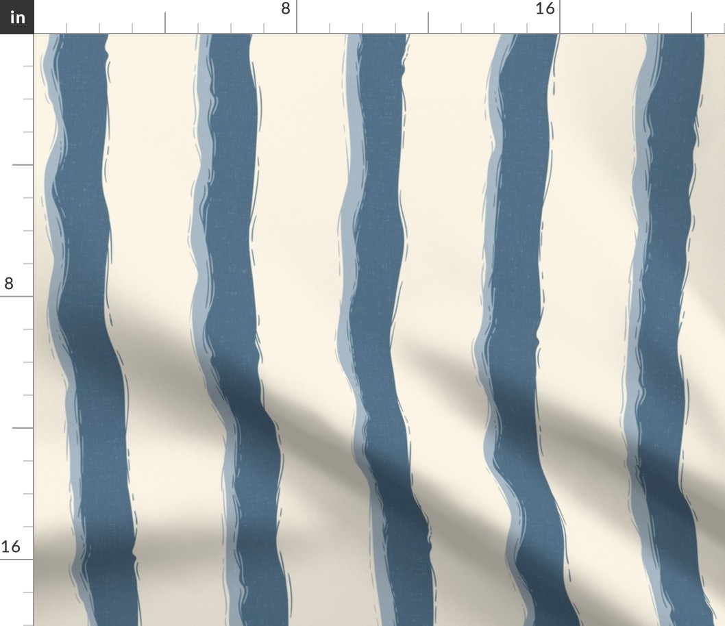 Coastal Chic rustic wavy stripes - admiral blue,  blue grey on ivory, blue cream - large