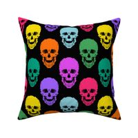 Bright multi-colored abstract skulls on a black background