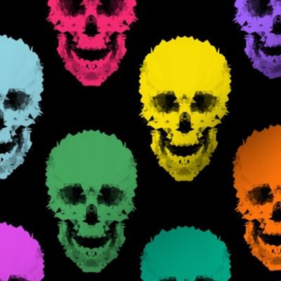 Bright multi-colored abstract skulls on a black background