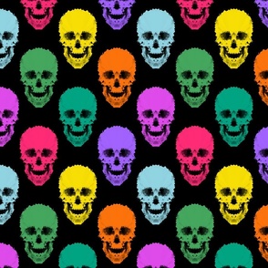 Bright multi-colored abstract skulls on a black background