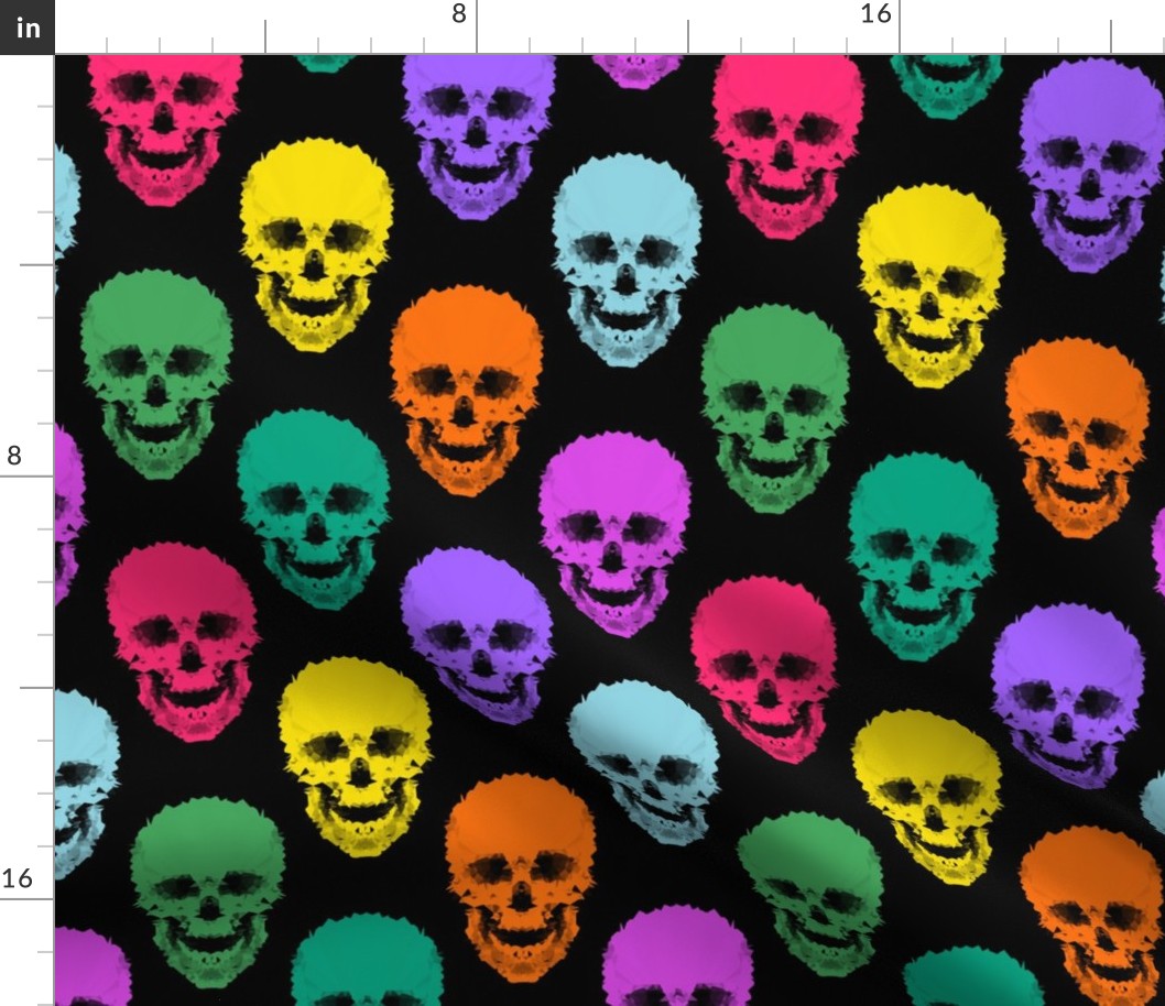 Bright multi-colored abstract skulls on a black background