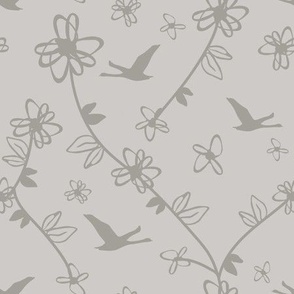 Flowers and Bird Trails - Neutral Grey