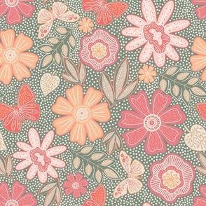 Pantone Peach Fuzz Floral with Butterflies on Green Background 