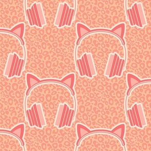 Urban Kitty-Kitten Headphones on Cat Print-Peach Plethora Palette