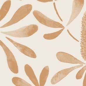 Large Watercolor Australian Native Coast Banksia (Banksia Integrifolia) in Dulux Raw Umber Brown with Antique White Background
