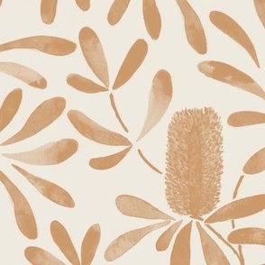 Medium Watercolor Australian Native Coast Banksia (Banksia Integrifolia) in Dulux Raw Umber Brown with Antique White Background
