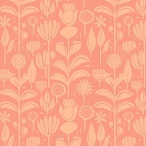 folk wildflowers peach fuzz on light pink, small scale