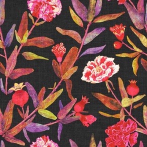 Night Pomegranate Flowers in Vibrant Tones on charcoal black