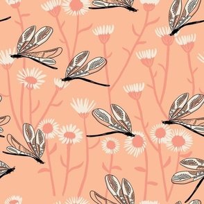 Small - Dragonflies in Pantone Peach Fuzz Flowers