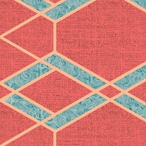 Large Pantone colour of the year peach fuzz isometric geometric with marbled effect infill in grey cyan on Georgia Peach coral burlap texture effect 24” repeat