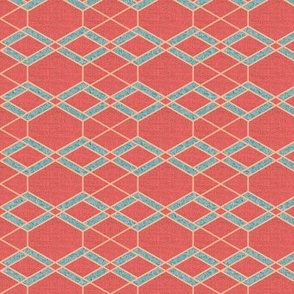 Small Pantone colour of the year peach fuzz isometric geometric with marbled effect infill in grey cyan on Georgia Peach coral burlap texture effect 6” repeat