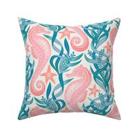 Pastel Pink Seahorse and Starfish with Blue Seaweed on Cream Large