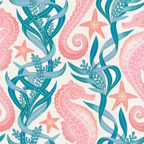 Pastel Pink Seahorse and Starfish with Blue Seaweed on Cream Large