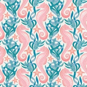 Pastel Pink Seahorse and Starfish with Blue Seaweed on Cream Small