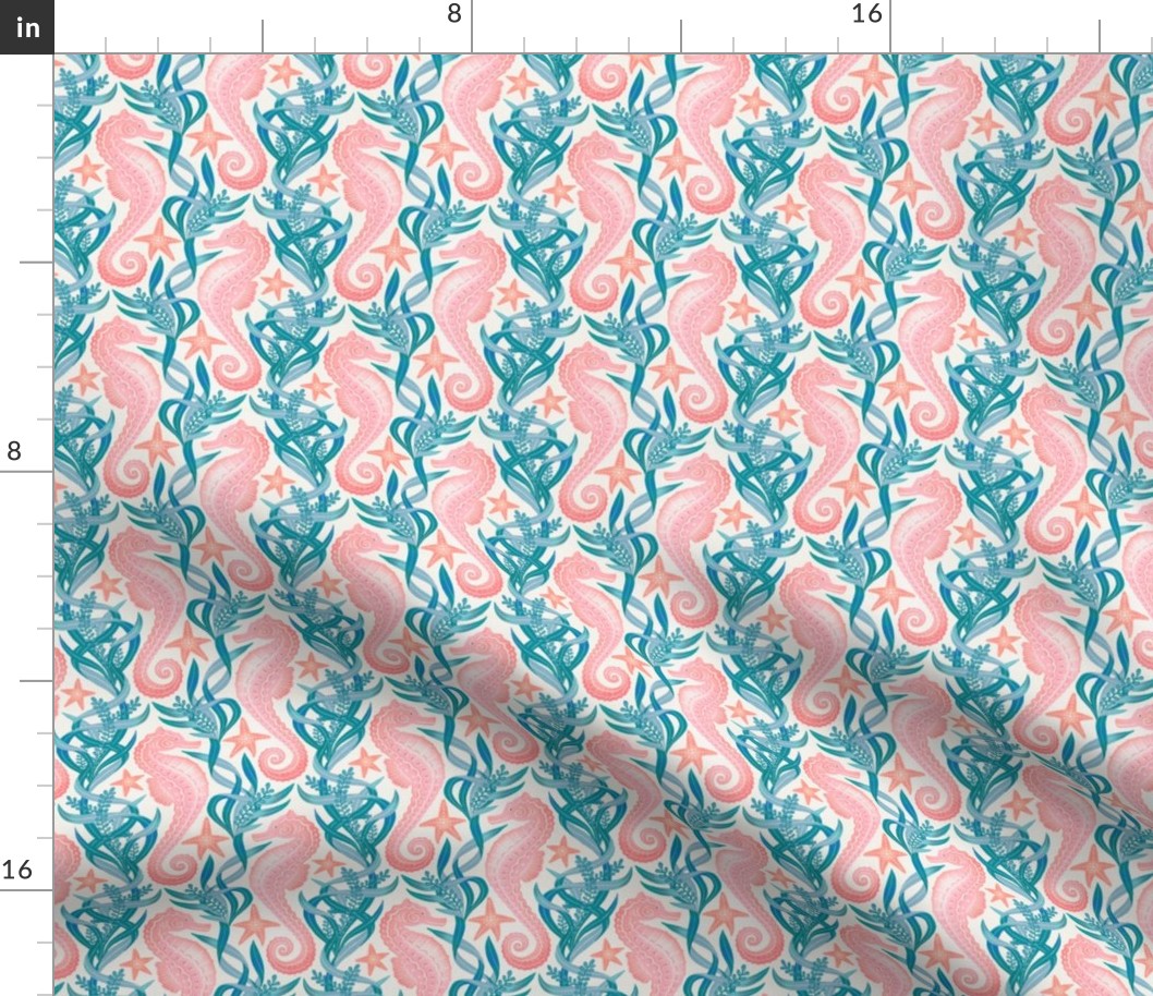 Pastel Pink Seahorse and Starfish with Blue Seaweed on Cream Small