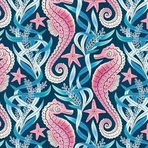 Sweet Seahorse Paradise in Pink, Blue and Navy Medium