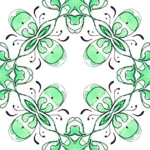 Rosemaling inspired abstrackt green flowers from Anines Atelier. Use the design for kitchen or pantry walls and backsplash