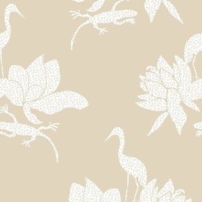 Cranes and Lotus  beige  and white