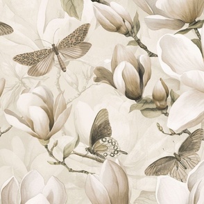 Magnolia And Butterfly Ivory Beige Large Scale