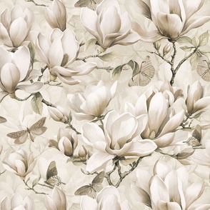 Magnolia And Butterfly Ivory Beige Medium Scale