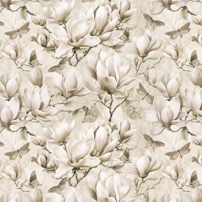 Magnolia And Butterfly Ivory Beige Smaller Scale
