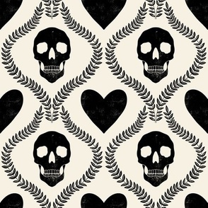 Skulls   Hearts Black on Cream - 12x12 Block