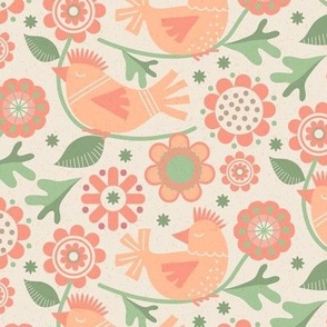Scandi Birds and Flowers in Peach Fuzz and Faux Texture Medium Scale