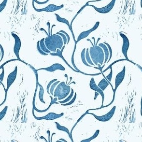 Block Printed Art Deco Blue Floral - SMALL