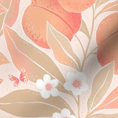 Large | Peaches branches with leaves on light pink