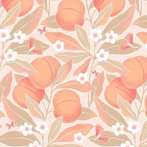 Large | Peaches branches with leaves on light pink