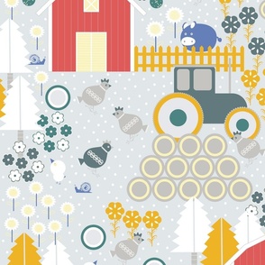 Large / Farm Life - Soft Grey - Barn - Countryside - Red Barn - Tractor - Ranch - Farm Animals - Country Life - Rural Life - Chicken - Pig - Pine Trees