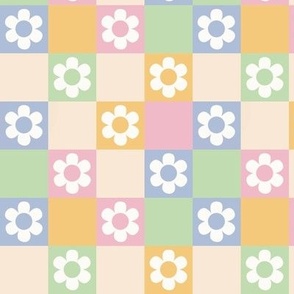 Retro Daisy Checkerboard, Spring Flowers, Pastel Colors
