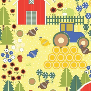 Large / Farm Life - Yellow - Barn - Countryside - Red Barn - Tractor - Ranch - Farm Animals - Country Life - Rural Life - Chicken - Pig - Pine Trees