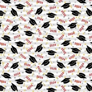 Tossed Graduation Caps with Red 2024, Gold & Silver Confetti (Small Scale)