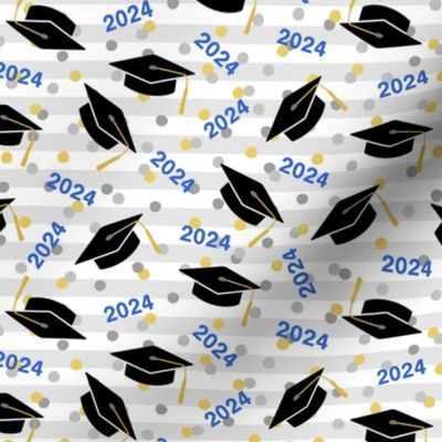 Tossed Graduation Caps with Blue 2024, Gold & Silver Confetti (Medium Scale)