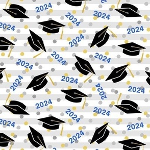 Tossed Graduation Caps with Blue 2024, Gold & Silver Confetti (Medium Scale)