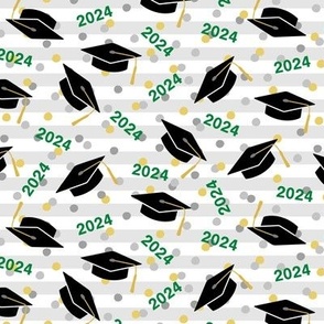 Tossed Graduation Caps with Green 2024, Gold & Silver Confetti (Medium Scale)