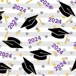 Tossed Graduation Caps with Purple 2024, Gold & Silver Confetti (Large Scale)