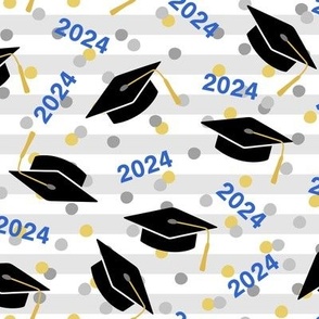 Tossed Graduation Caps with Blue 2024, Gold & Silver Confetti (Large Scale)